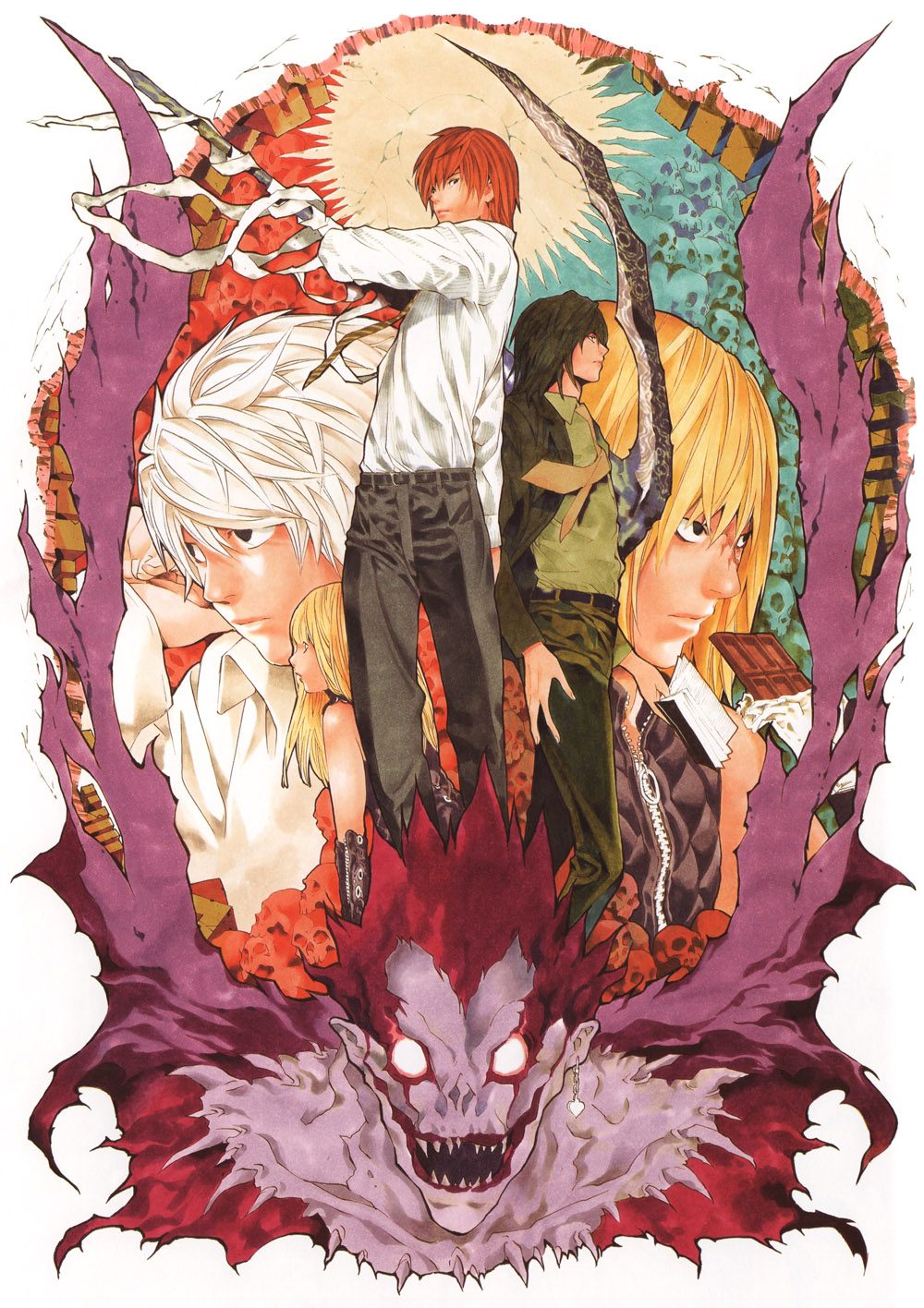 5boys belt black_hair blonde_hair candy chocolate chocolate_bar death_note food formal_clothes green_shirt highres holding holding_scythe mello_(death_note) mikami_teru multiple_boys near_(death_note) necktie obata_takeshi official_art pants ryuk scythe shinigami shirt skull suit white_hair white_shirt yagami_light zipper