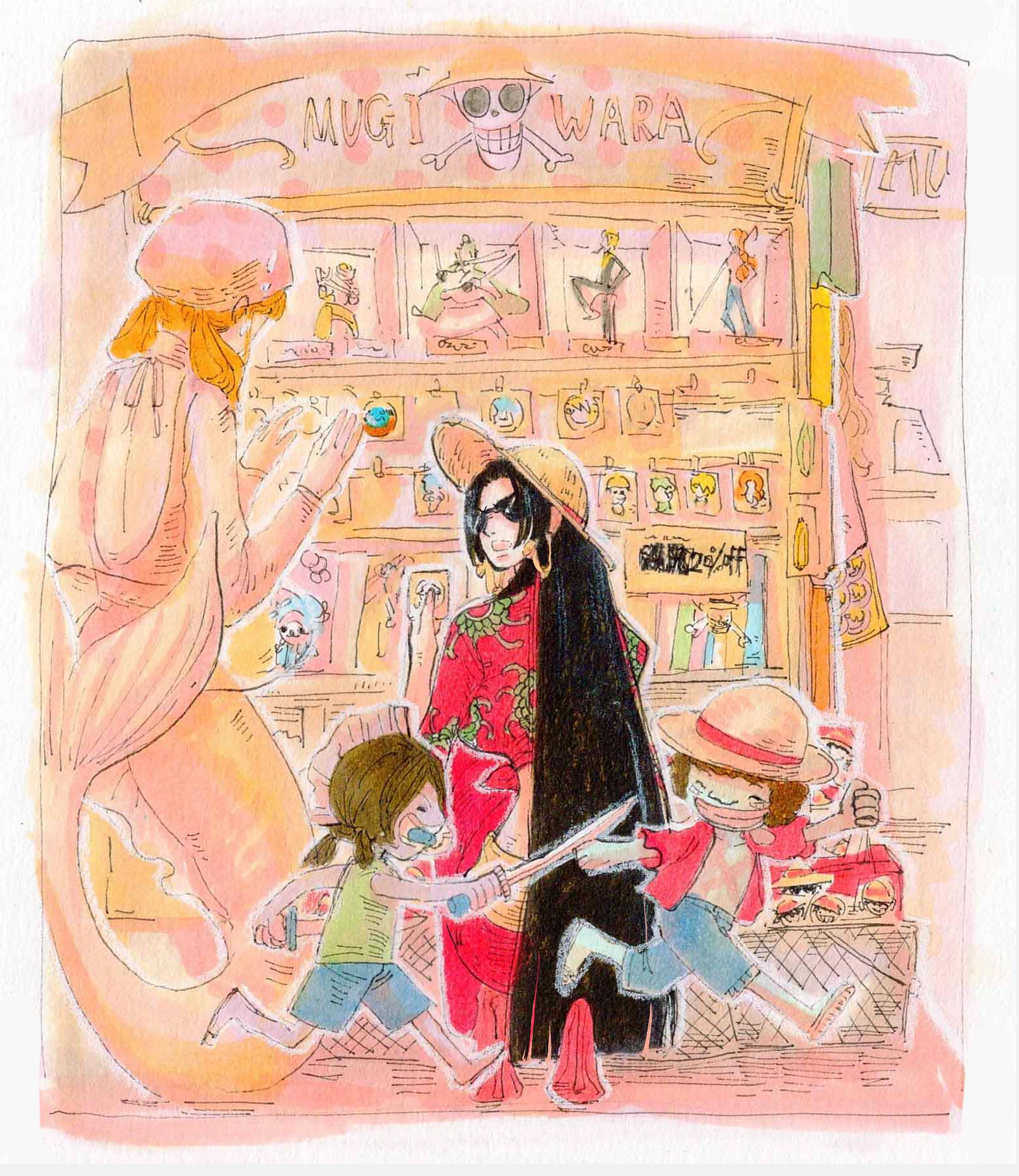 1boy 3girls ^_^ black_hair blue_shorts boa_hancock child closed_eyes commentary earrings english_commentary fengcheche figure hat highres holding holding_sword holding_weapon jewelry jolly_roger long_hair mermaid monkey_d._luffy monster_girl multiple_girls nami_(one_piece) one_piece red_shirt red_skirt roronoa_zoro running sanji_(one_piece) shirt shorts skirt snake_earrings squatting straw_hat straw_hats_jolly_roger sunglasses sword tony_tony_chopper twintails usopp weapon weapon_in_mouth
