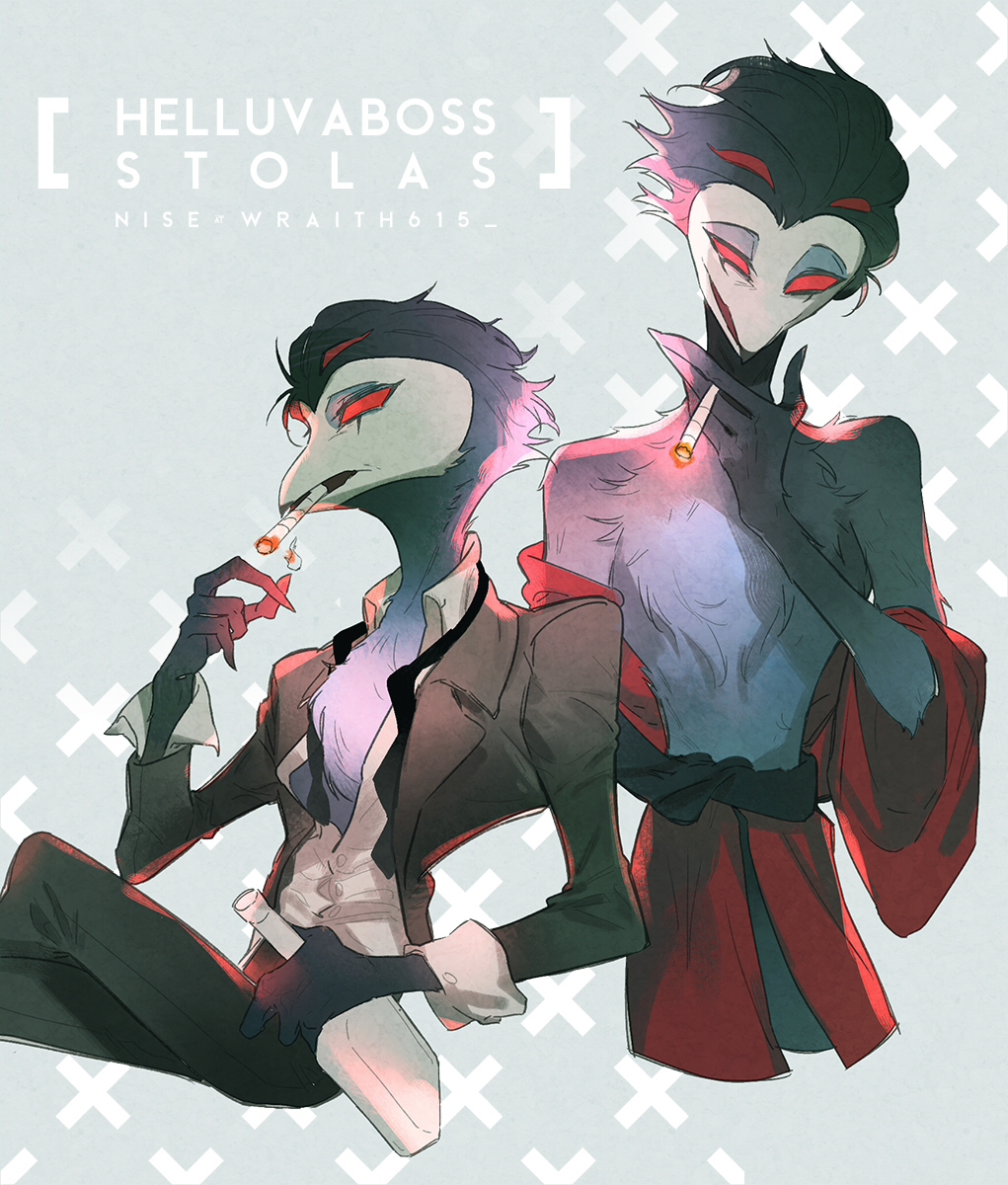 1boy beak bird_boy blitzo_(helluva_boss) demon_boy demon_horns extra_eyes grey_hair helluva_boss highres horns male_focus multiple_boys owl_boy red_eyes red_robe robe smoking stolas_(helluva_boss) wraith615