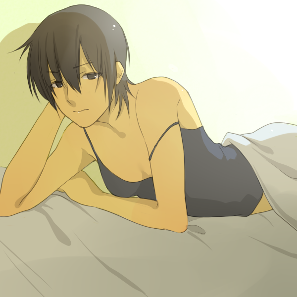 1girl bad_id bad_pixiv_id black_hair camisole female_focus lying reverse_trap shiroi_ten short_hair solo strap_slip tomboy torako_(yotsubato!) yotsubato!