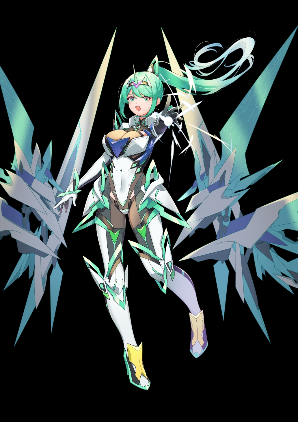 armored_bodysuit breasts chest_jewel earrings gem green_eyes green_hair headpiece hehe_jun high_ponytail highres jewelry large_breasts long_hair neon_trim pneuma_(xenoblade) ponytail swept_bangs tiara very_long_hair xenoblade_chronicles_(series) xenoblade_chronicles_2