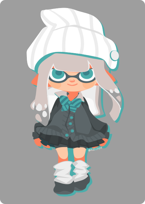 1girl aqua_bow aqua_bowtie aqua_eyes aqua_outline beanie black_shoes black_skirt blush_stickers bow bowtie buttons closed_mouth collared_shirt fashion full_body grey_background grey_hair grey_jacket grey_sleeves hat inkling inkling_girl inkling_player_character jacket leg_warmers long_hair long_sleeves looking_at_viewer miniskirt nintendo outline pleated_skirt pointy_ears pushpin rizu_(rizunm) shirt shoes simple_background skirt smile solo splatoon_(series) straight-on striped_bow striped_bowtie striped_clothes sweater_jacket tentacle_hair twitter_username white_hat white_leg_warmers white_shirt
