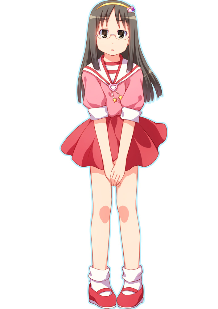 1girl brown_eyes brown_hair cosplay dress expressionless female_focus full_body glasses hayami_persia long_hair mahou_no_yousei_persia mary_janes minakami_mai nichijou persia persia_(cosplay) persia_(mahou_no_yousei_persia) red_dress red_skirt sayousuke shirt shoes skirt sleeves_rolled_up solo v_arms white_background
