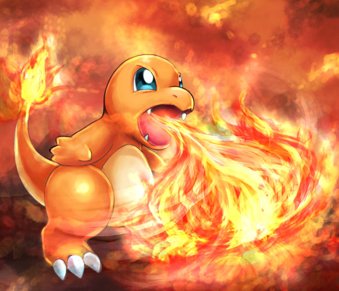 blue_eyes breath_weapon breathing_fire charmander claws commentary fire full_body gen_1_pokemon kumaoka_pon legs_apart nintendo no_humans open_mouth pokemon pokemon_(creature) sharp_teeth solo standing teeth