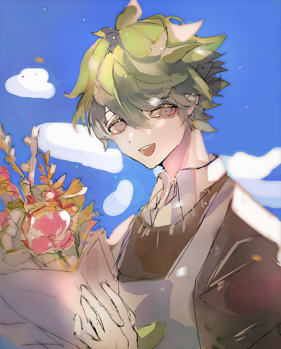 1boy apron brown_eyes brown_shirt collared_shirt cookie_run green_hair herb_cookie holding humanization kurayuki0404 looking_at_viewer male_focus open_mouth plant potted_plant shirt short_hair simple_background smile solo white_apron white_background