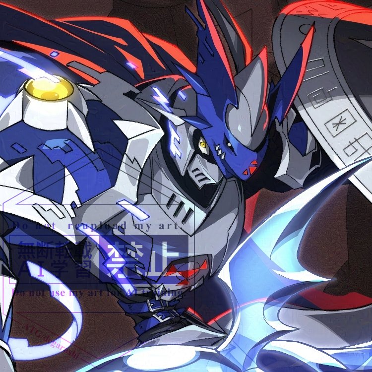 armor black_armor chaosdukemon degarashi_(ponkotsu) digimon digimon_(creature) holding holding_shield looking_at_viewer shield solo upper_body watermark yellow_eyes