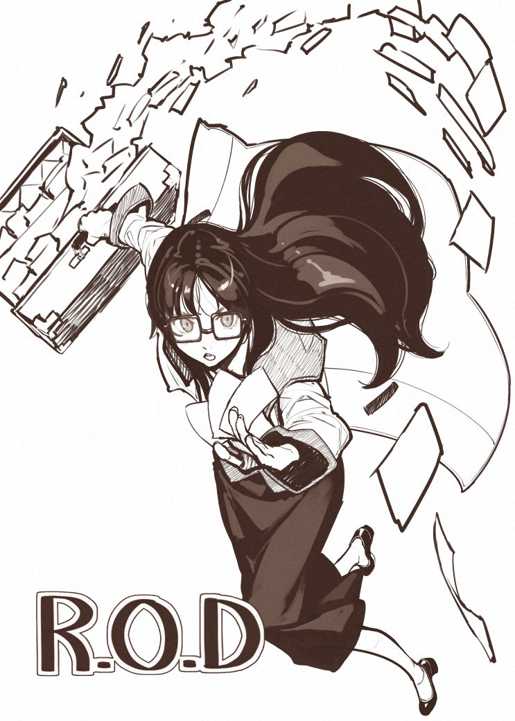 1girl black_hair black_shoes briefcase copyright_name full_body glasses hidari_(left_side) holding holding_briefcase long_hair long_skirt monochrome open_mouth paper read_or_die shoes skirt solo white_background yomiko_readman