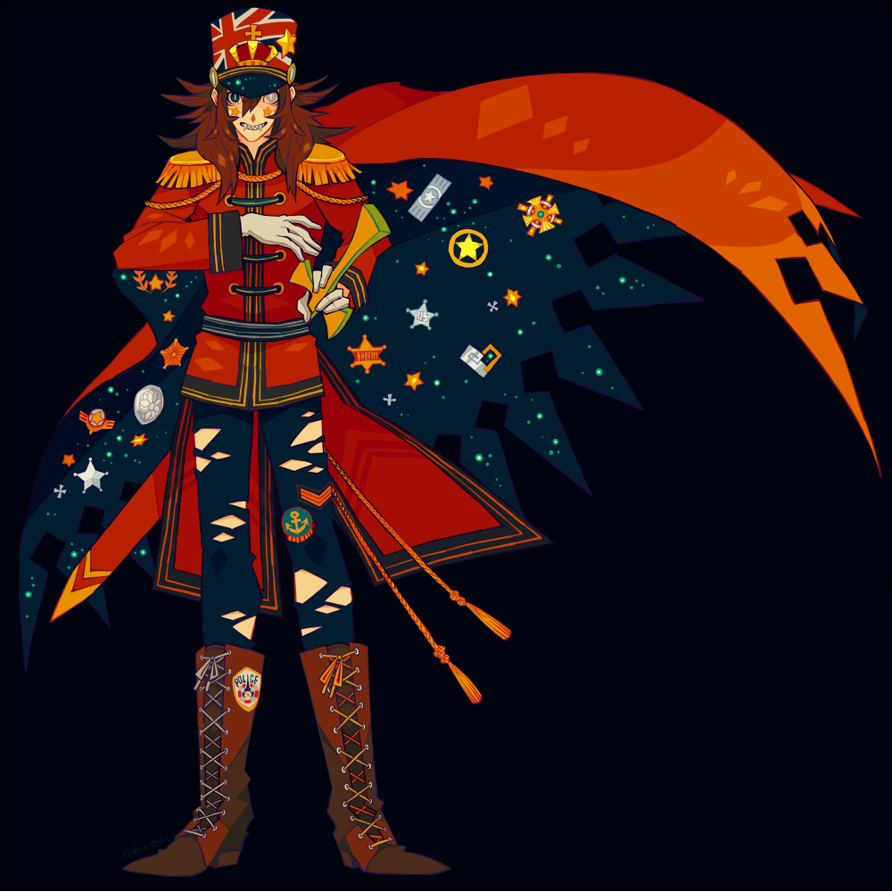 1boy band_uniform black_background boots brown_eyes brown_hair cape coat edarow epaulettes full_body gloves green_eyes grin hat heterochromia holding holding_sword holding_weapon long_hair looking_at_viewer male_focus original partially_blind red_cape red_coat shako_cap sharp_teeth sheath sheathed simple_background smile solo standing sword teeth two-sided_cape two-sided_fabric union_jack_print weapon