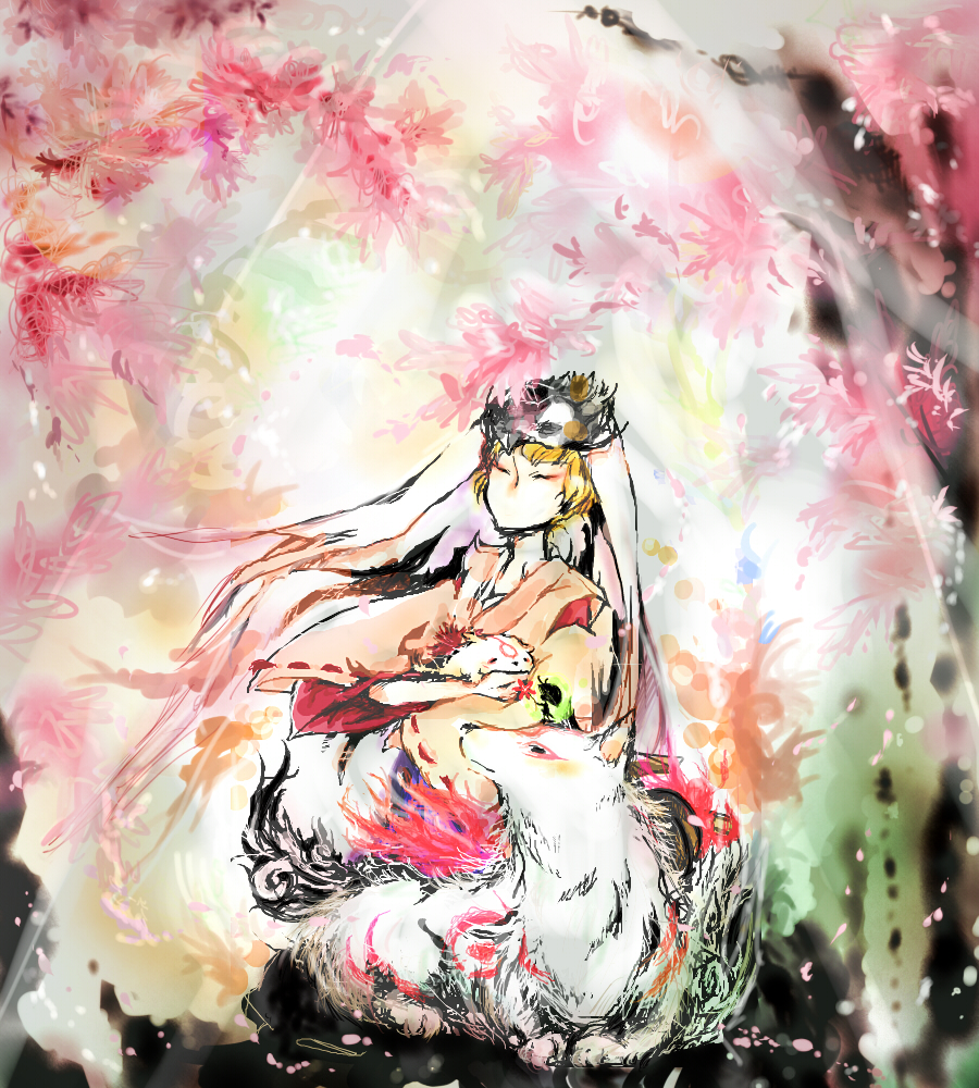 1boy amaterasu_(ookami) bad_id bad_pixiv_id blonde_hair capcom chibiterasu issun mask ookami_(game) sitting sora-pika tattoo traditional_media ushiwakamaru_(ookami) wolf