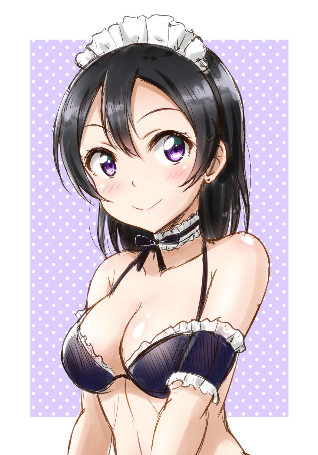 1girl bare_shoulders black_hair blush breasts ckst cleavage female_focus highres looking_at_viewer love_live! love_live!_sunshine!! maid_headdress medium_breasts purple_eyes smile solo upper_body watanabe_tsuki