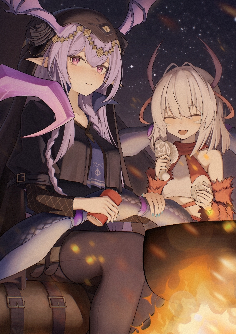 2girls arknights breasts chinese_commentary closed_eyes commentary_request cooking_pot feet_out_of_frame fire food grey_hair head_wings holding holding_food long_hair looking_at_viewer manticore_(arknights) manticore_(under_a_veil)_(arknights) medium_breasts multiple_girls muzhucunmuzhucun night night_sky official_alternate_costume open_mouth pointy_ears purple_eyes purple_hair sitting sky smile star_(sky) starry_sky traptrix_myrmeleo wings yu-gi-oh!