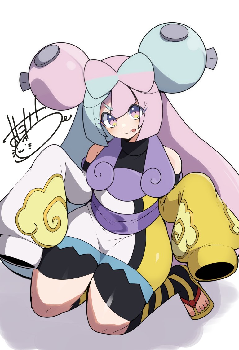 1girl :p bare_shoulders black_shorts blue_hair bow-shaped_hair character_hair_ornament closed_mouth creatures_(company) detached_sleeves dress game_freak hair_ornament iono_(pokemon) iono_(sygna_suit)_(pokemon) long_hair long_sleeves looking_at_viewer mituyota_76 multicolored_hair nintendo official_alternate_costume pink_eyes pink_hair pokemon pokemon_masters_ex shorts sleeves_past_fingers sleeves_past_wrists solo tongue tongue_out two-tone_hair very_long_hair white_background
