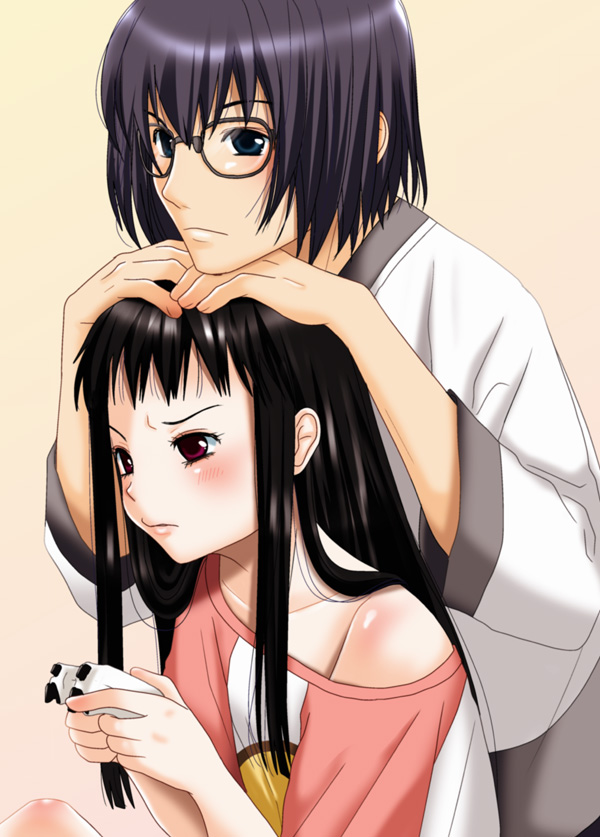 1boy 1girl ar_tonelico ar_tonelico_ii black_hair blue_eyes blush chroah_vatel controller couple game_console game_controller glasses head_rest hetero inumori_sayaka jakuri_(ar_tonelico) long_hair off_shoulder playing_games playstation_3 purple_hair red_eyes