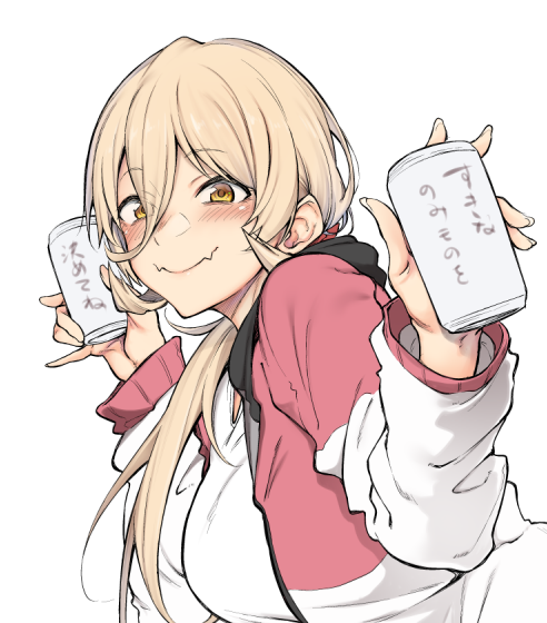 1girl beer_can blonde_hair blush breasts can drink_can fang holding holding_can jacket large_breasts long_hair looking_at_viewer nijisanji nui_sociere nui_sociere_(2nd_costume) shirt simple_background skin_fang smile solo spirytus_tarou track_jacket upper_body virtual_youtuber white_background white_shirt yellow_eyes
