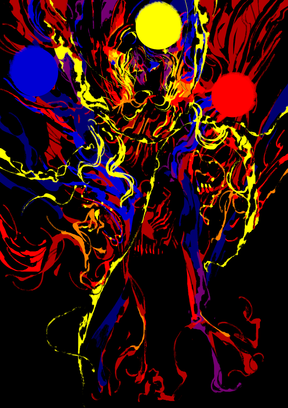 1girl abstract black_background black_skin chinese_clothes colored_sclera colored_skin crescent_print dalachi_(headdress) eico energy fiery_hair hair_between_eyes highres junko_(touhou) limited_palette looking_at_viewer no_feet one_eye_covered open_hand orange_hair phoenix_print red_sclera simple_background solo surreal touhou yellow_eyes