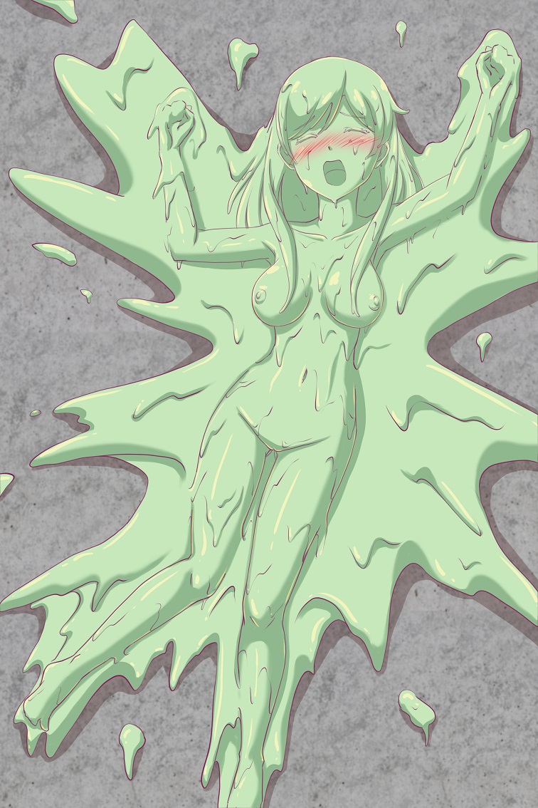 1girl blush breasts closed_eyes collarbone completely_nude feet green_paint haruma_(messy_illust) little_lotus long_hair medium_breasts navel nipples nude paint pussy sen_(little_lotus) solo wall wam