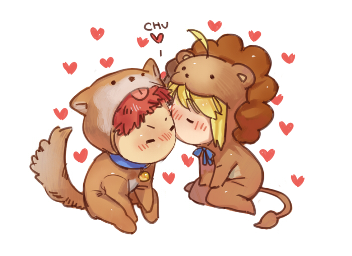1boy 1girl =_= ahoge animal_costume artoria_pendragon_(fate) bad_id bad_pixiv_id bell blonde_hair blush chibi chocolateonly collar couple cowbell dog_costume emiya_shirou fate/tiger_colosseum fate_(series) heart hetero kiss kissing_cheek lion_costume neck_bell red_hair saber_(fate) saber_lion
