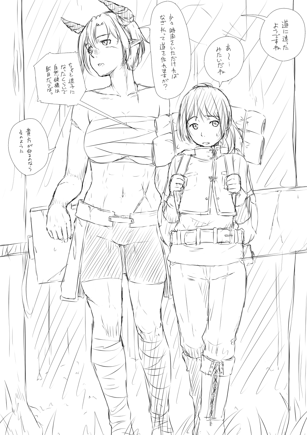 2girls backpack bag bedroll belt boots breasts chinese_clothes female_focus greyscale highres horns leg_wrap looking_to_the_side monochrome multiple_girls nature navel niwatazumi open_mouth original outdoors oversized_object pants parted_bangs pointy_ears ponytail sarashi shirt short_hair shorts sketch sword translation_request weapon