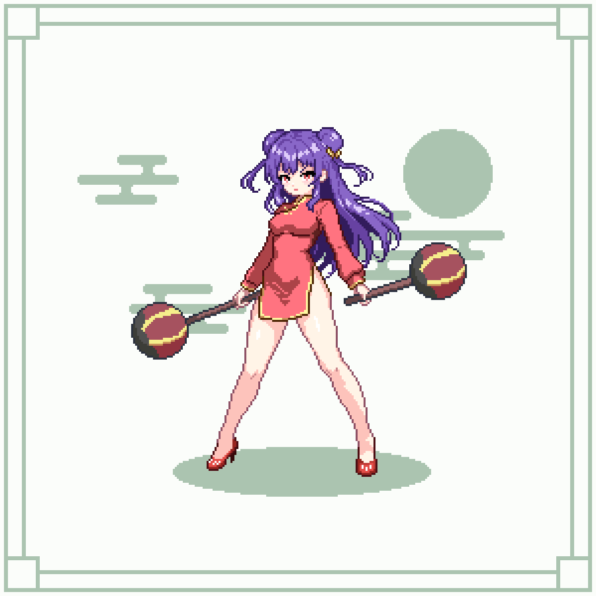 1girl bow chinese_clothes chui_(weapon) double_bun dress hair_bow hair_bun highres holding holding_weapon microdress pixel_art purple_hair ranma_1/2 red_dress sauron_luna shampoo_(ranma_1/2) weapon yellow_bow