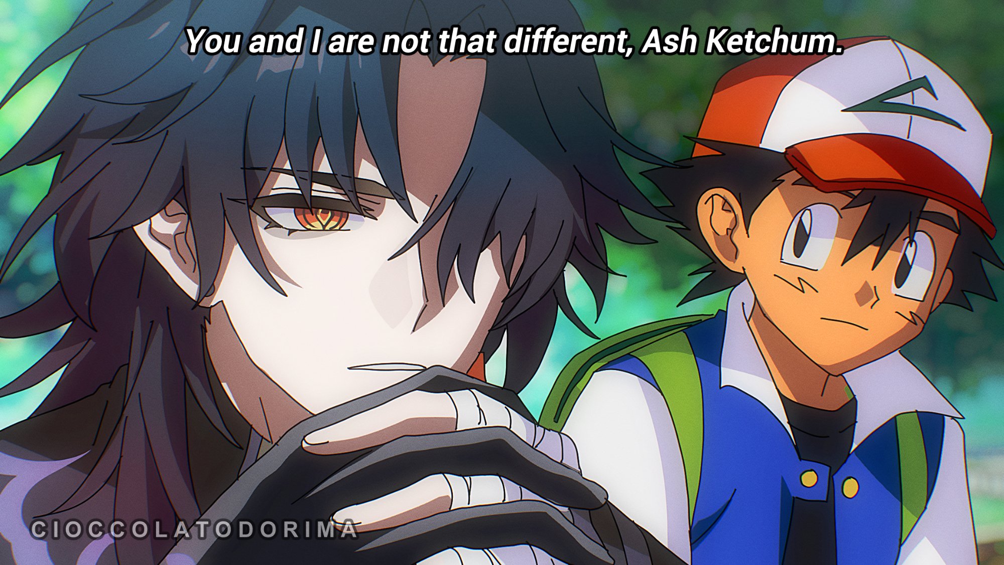 2boys artist_name ash_ketchum backpack bag bandaged_arm bandages black_eyes black_gloves black_hair black_shirt blade_(honkai:_star_rail) cioccolatodorima collared_jacket commentary creatures_(company) crossover english_text game_freak gloves green_bag highres honkai:_star_rail honkai_(series) jacket multicolored_jacket multiple_boys nintendo orange_eyes outdoors parted_lips pokemon pokemon_(anime) pokemon_(classic_anime) shirt single_glove trait_connection two-tone_jacket