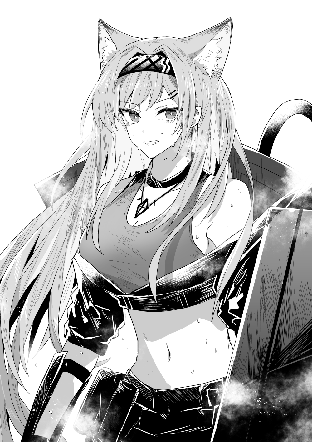 1girl animal_ear_fluff animal_ears arknights bare_shoulders black_jacket breasts choker cleavage crop_top cropped_jacket fang grey_tank_top greyscale hair_intakes hair_ornament hairband hairclip highres holding holding_shield horn_(arknights) iwashi_80 jacket jewelry long_hair looking_at_viewer medium_breasts midriff monochrome navel necklace shield simple_background solo standing sweat tank_top teeth upper_body white_background wolf_ears wolf_girl