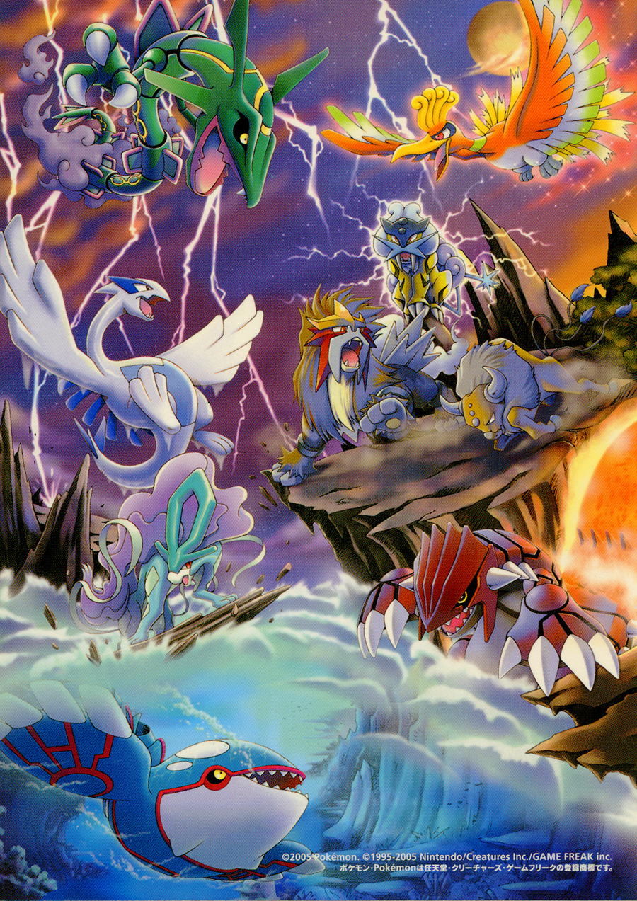 animal_focus bird black_sclera claws cloud colored_sclera copyright_name copyright_notice debris dragon dust eastern_dragon electricity entei flying full_moon gen_1_pokemon gen_2_pokemon gen_3_pokemon glowing groudon highres ho-oh kyogre lava legendary_pokemon lightning lugia moon night night_sky nintendo no_humans official_art open_mouth orange_eyes pokemon pokemon_(creature) pokemon_focus pokemon_tcg raikou rayquaza red_eyes running saitou_kouki sky sparkle spikes star_(sky) suicune swimming tauros third-party_source tree underwater water yellow_eyes