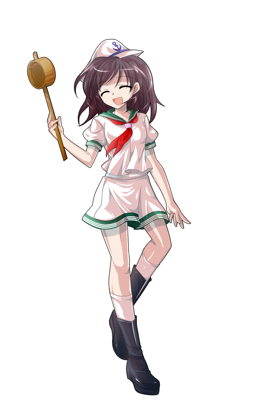 1girl ^_^ anchor_print anchor_symbol arm_at_side black_boots boots breasts brown_hair closed_eyes collarbone commentary_request dairi facing_viewer full_body green_sailor_collar hand_up happy hat highres hishaku holding kneehighs large_variant_set long_hair medium_breasts miniskirt murasa_minamitsu neckerchief open_mouth pink_hat pink_serafuku pink_shirt pink_skirt pink_socks puffy_short_sleeves puffy_sleeves raised_eyebrows red_neckerchief sailor_collar sailor_hat school_uniform serafuku shirt short_sleeves simple_background skirt smile socks solo standing standing_on_one_leg tachi-e touhou transparent_background variant_set wispy_bangs