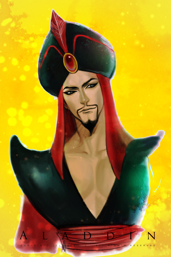 1boy aladdin_(movie) animification black_eyes black_hair copyright_name disney facial_hair goatee hat_feather j_(onose1213) jafar male_focus mustache realistic red_eyes solo turban