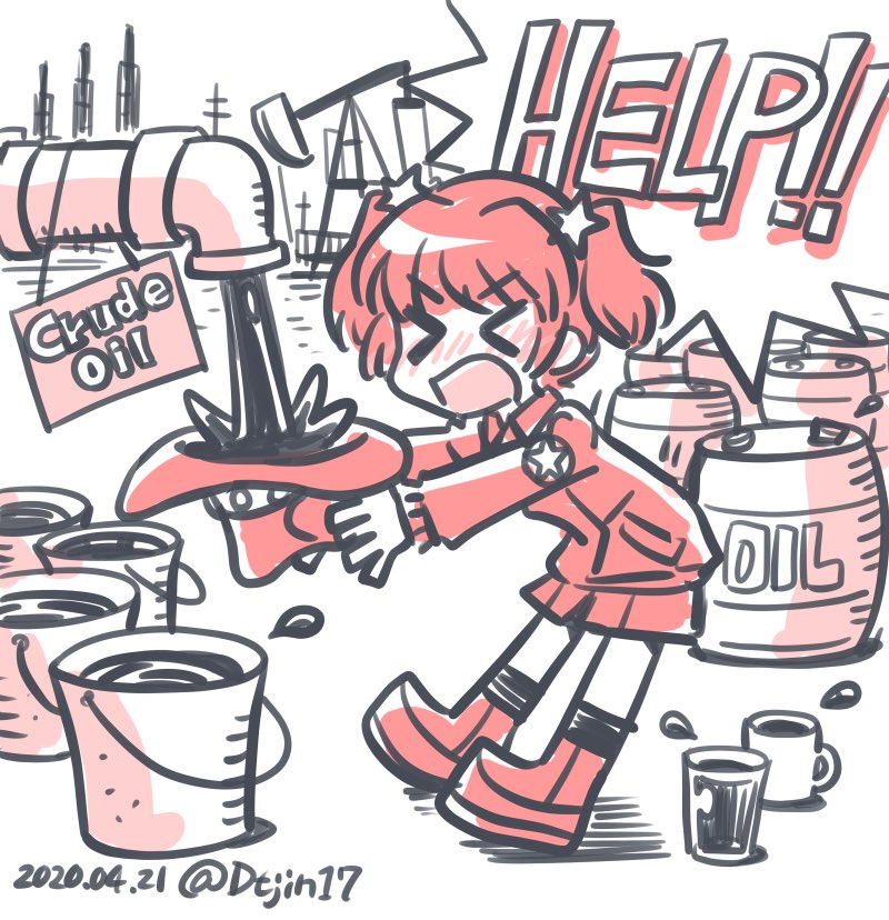 &gt;_&lt; 1girl alisa_(girls_und_panzer) bucket coronavirus_pandemic cup dated desert distillation_column drum_(container) english_text female_focus full_body girls_und_panzer hat holding holding_unworn_clothes holding_unworn_hat ichinana_(dametetujin17) industrial_pipe jacket long_sleeves oil oil_well open_mouth pumpjack shoes short_hair shorts sign socks solo star_(symbol) twintails twitter_username unworn_hat unworn_headwear white_background