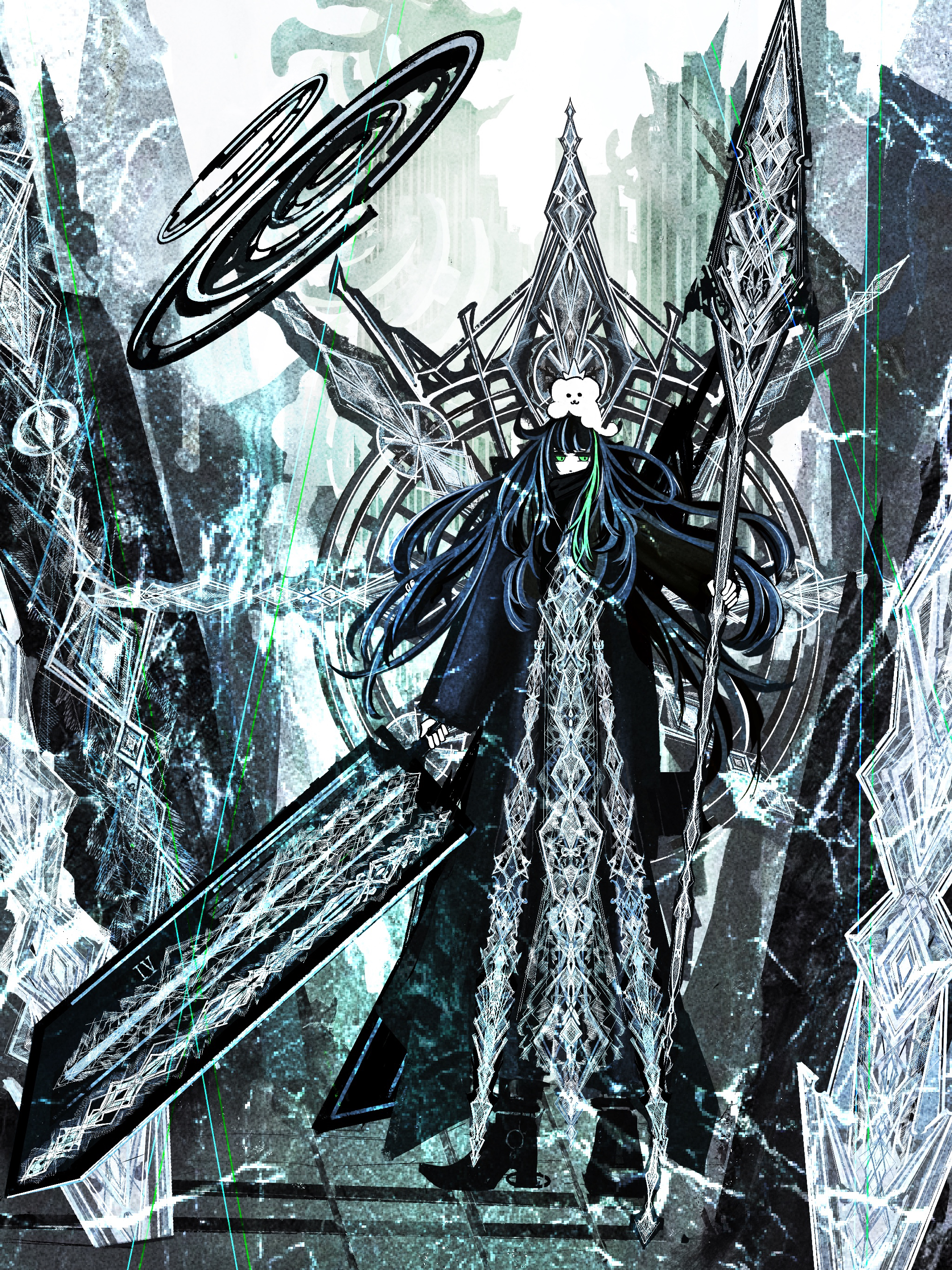 1girl absurdres animal animal_on_head black_hair blue_hair full_body glint green_eyes green_theme highres holding holding_sword holding_weapon huge_weapon multicolored_hair on_head original riz_kira solo standing sword two-tone_hair weapon