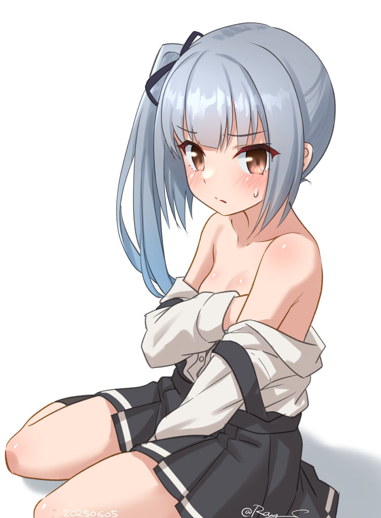 1girl blush breasts dress embarrassed grey_hair hair_ribbon kantai_collection kasumi_(kancolle) kasumi_kai_ni_(kancolle) long_hair long_sleeves looking_at_viewer off_shoulder pinafore_dress ray.s ribbon shirt side_ponytail sitting sleeveless sleeveless_dress small_breasts solo sweatdrop wariza white_shirt
