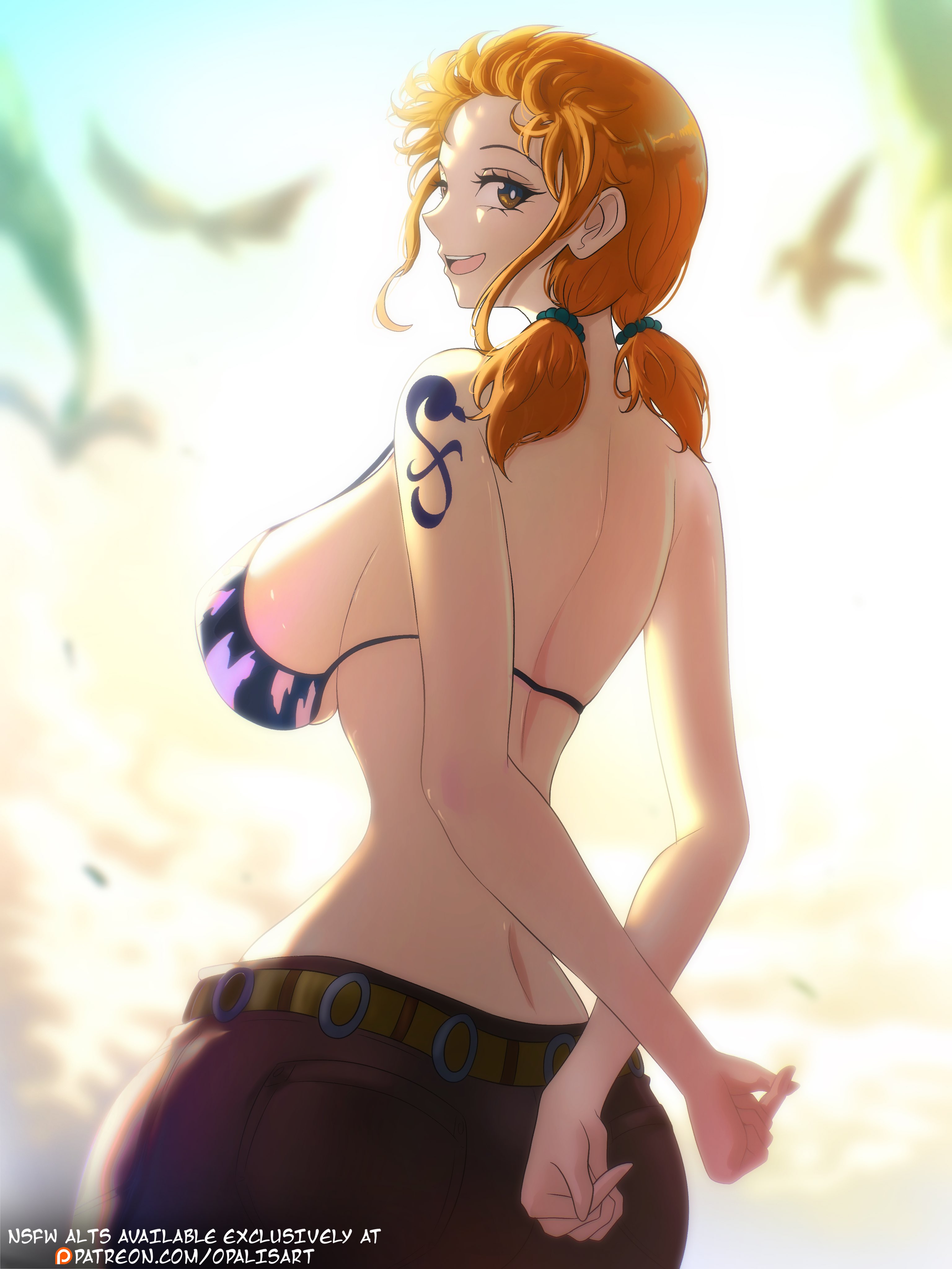 1girl absurdres arm_tattoo bikini bikini_top_only bird blurry blurry_background breasts brown_eyes cowboy_shot highres large_breasts looking_at_viewer medium_hair nami_(one_piece) nami_(one_piece)_(skypiea) one_piece opalis open_mouth orange_hair smile swimsuit tattoo twintails