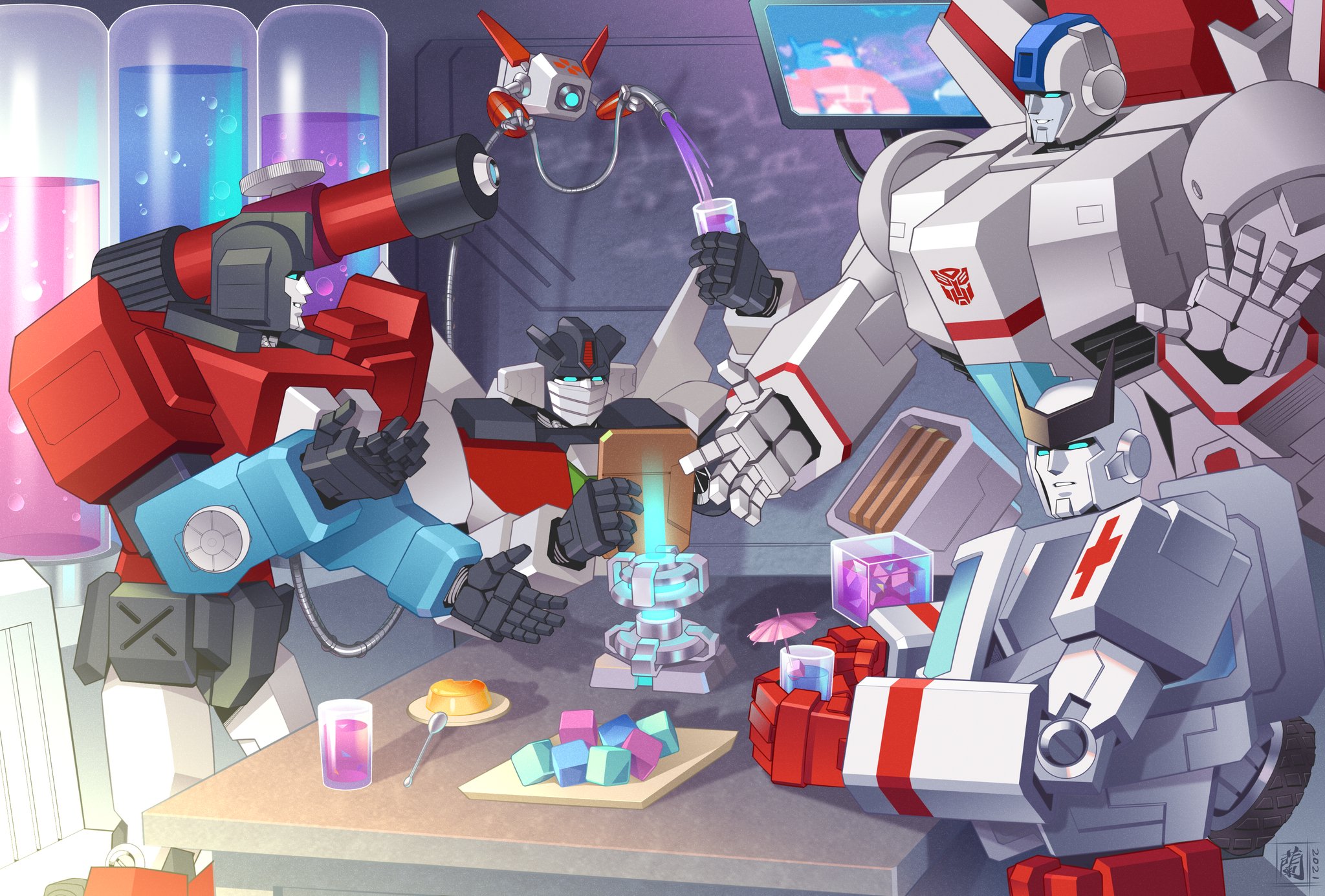 4boys autobot blue_eyes cup energon energon_cube highres holding holding_cup jetfire lantana0_0 looking_at_viewer looking_down mecha multiple_boys no_humans open_hands perceptor_(transformers) ratchet_(transformers) robot sitting transformers v-fin waving wheeljack