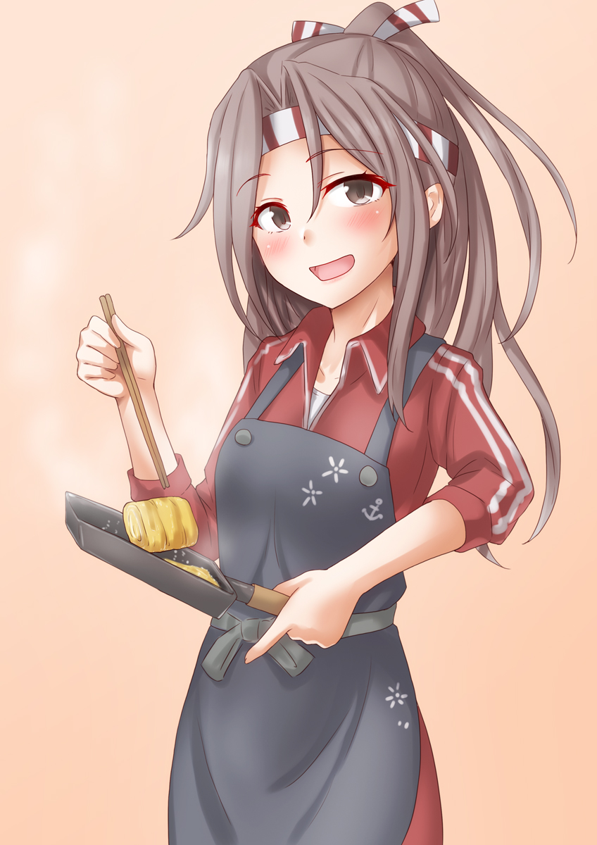 1girl anti_(untea9) apron black_apron brown_background chopsticks cooking food frying_pan gradient_background grey_eyes grey_hair hachimaki headband high_ponytail highres holding holding_chopsticks jacket kantai_collection light_brown_hair long_hair looking_at_viewer makiyakinabe omelet open_mouth pants ponytail red_jacket smile solo tamagoyaki track_jacket track_pants zuihou_(kancolle)