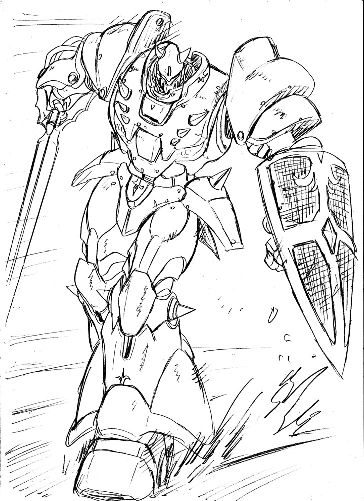 1980s_(style) full_body kikou-kai_galient mecha monochrome no_humans oldschool retro_artstyle robot s.shimizu shield solo sword weapon white_background zuwel