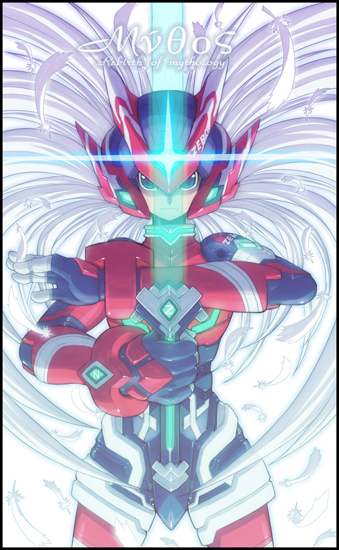 1boy armor blue_eyes capcom energy_blade feathers gloves go! helmet male_focus mega_man_(series) mega_man_zero_(series) silver_hair solo zero(z)_(mega_man) zero_(mega_man)