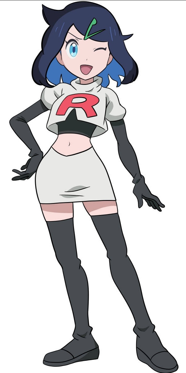 1girl ;d black_boots black_gloves black_hair black_shirt blue_eyes boots colored_inner_hair cosplay cowlick cropped_jacket elbow_gloves full_body gloves hair_ornament hairclip highres jacket jessie_(pokemon) jessie_(pokemon)_(cosplay) liko_(pokemon) logo multicolored_hair nintendo one_eye_closed open_mouth pokemon pokemon_(anime) pokemon_horizons shirt simple_background skirt smile solo standing suxia_(zzrd4272) swept_bangs team_rocket team_rocket_uniform thigh_boots white_background