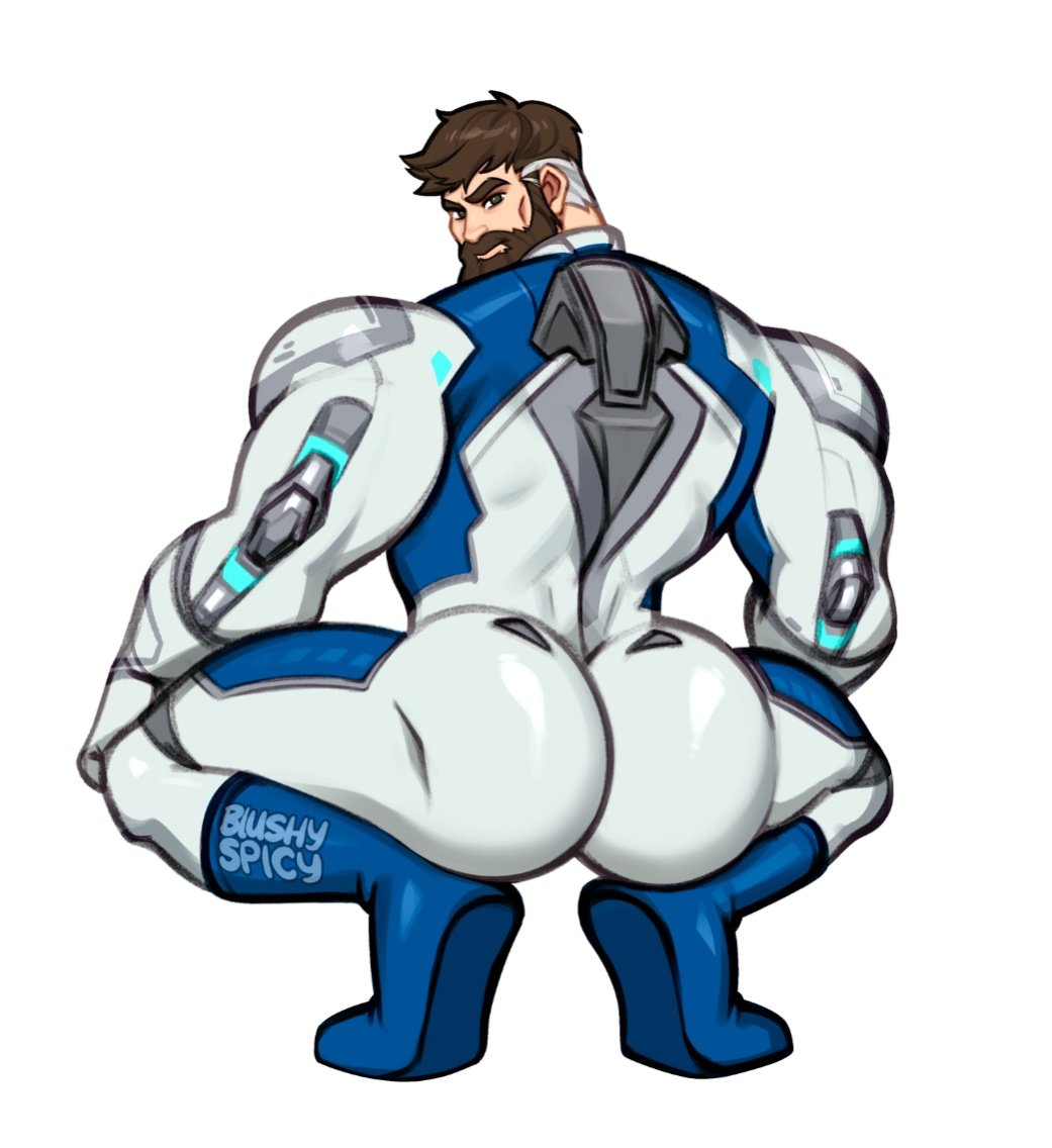 1boy ass beard blushyspicy bodysuit broly_culo_(meme) brown_hair facial_hair fantastic_four from_behind full_body looking_at_viewer looking_back male_focus marvel marvel_rivals meme muscular muscular_male reed_richards short_hair simple_background solo squatting white_background white_bodysuit