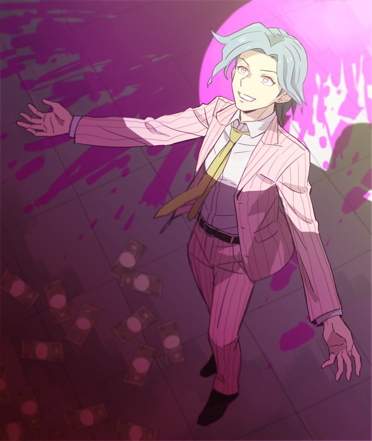 1boy artist_request bad_id bad_pixiv_id banknote belt black_belt blazer blood blood_on_ground blood_splatter danganronpa danganronpa_(series) danganronpa_kirigiri dress_shirt drop_shadow facing_to_the_side footprints formal_clothes grey_hair grin implied_murder in_shadow indoors jacket leaning_back looking_to_the_side looking_up male_focus mature_male money nanamura_suisei necktie open_clothes open_hands open_jacket outstretched_arms paint_splatter pants parted_bangs parted_hair pile_of_money pink_eyes pink_jacket pink_pants shirt smile spotlight striped_clothes striped_jacket striped_pants tile_floor tiles vertical-striped_clothes vertical-striped_jacket vertical-striped_pants white_shirt wind yellow_necktie