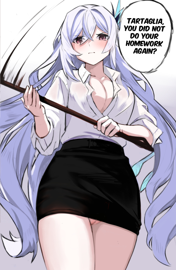 1girl alternate_costume black_skirt breasts censored cleavage collared_shirt cowboy_shot english_text from_below genshin_impact hair_between_eyes hair_ornament holding holding_pointer large_breasts long_hair looking_at_viewer miniskirt mosaic_censoring no_bra no_panties partially_unbuttoned pencil_skirt pink_eyes pointer pussy shirt skirk_(genshin_impact) skirt solo speech_bubble teacher v-shaped_eyebrows very_long_hair white_background white_hair white_shirt yona_(illusty0na)