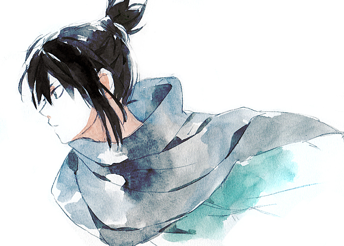 1boy aqua_shirt black_eyes black_hair closed_mouth commentary_request cropped_torso expressionless gomas grey_scarf hair_between_eyes looking_ahead male_focus nezumi_(no.6) no.6 ponytail scarf shirt short_hair short_ponytail simple_background solo white_background