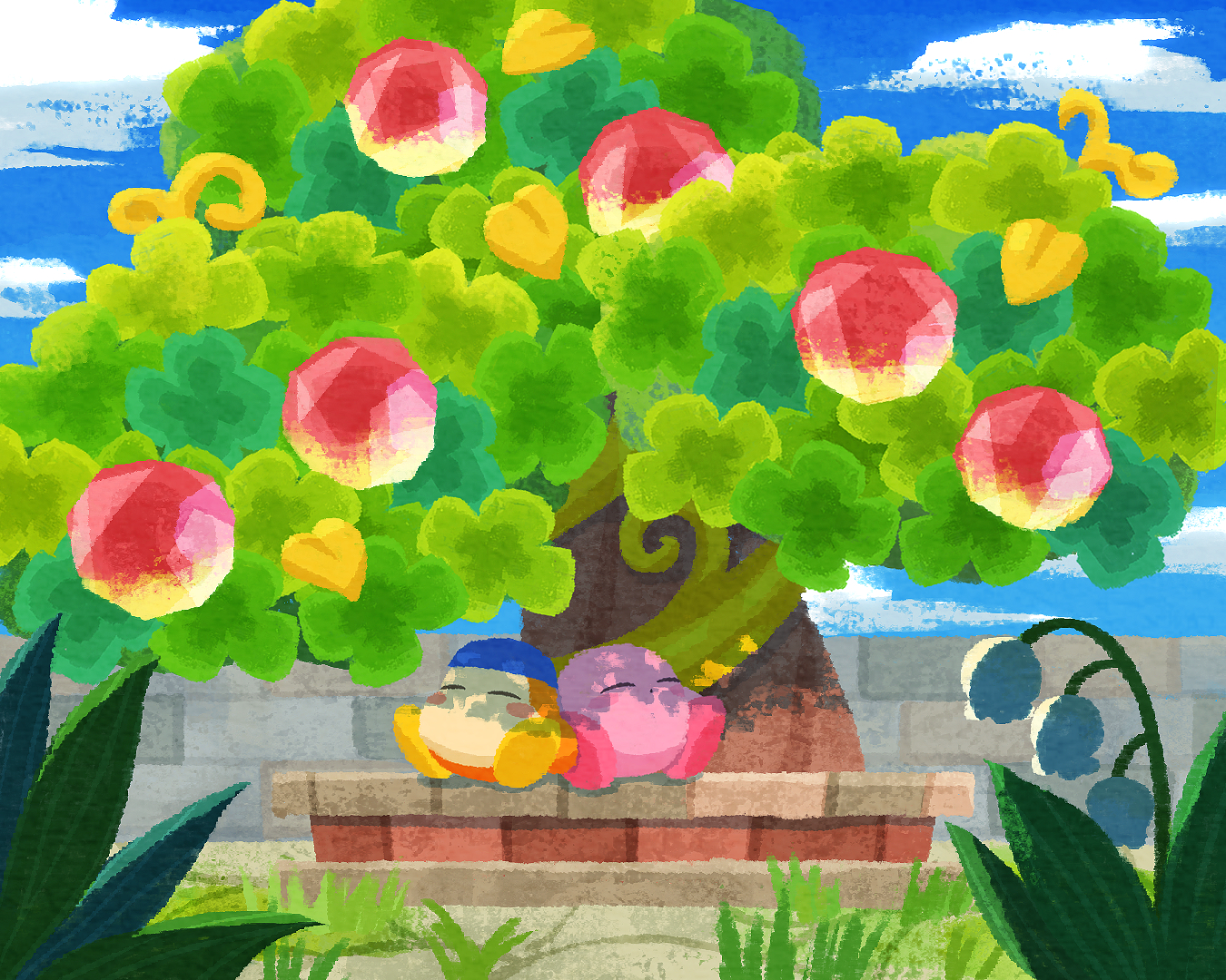 apple bandana bandana_waddle_dee blue_bandana cloud crystal day flower food fruit gem_apple grass kirby kirby_(series) leaf lily_of_the_valley miclot nintendo outdoors shade sitting sky sleeping stone_wall super_kirby_clash team_kirby_clash_deluxe tree wall