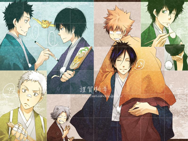 ... 00s 6+boys ? angry animal bandages black_hair bowl brown_hair brush carrying cigarette clenched_hand dynamite explosive food gokudera_hayato grey_hair hibari_kyouya hibird japanese_clothes katekyo_hitman_reborn! lambo long_hair male_focus multiple_boys paintbrush purple_hair rokudou_mukuro sasagawa_ryohei sawada_tsunayoshi scar steam sweatdrop tsuna white_hair yamamoto_takeshi