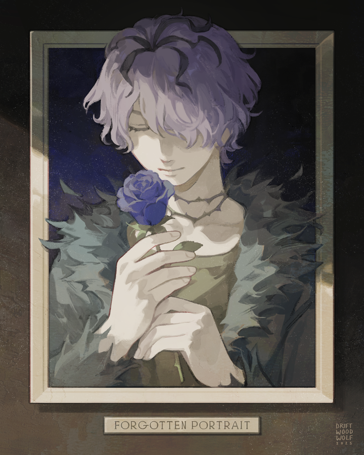 1boy artist_name blue_flower blue_rose closed_eyes commentary driftwoodwolf english_commentary expressionless flower garry_(ib) green_jacket green_shirt hair_over_one_eye holding holding_flower ib_(kouri) jacket male_focus portrait_(object) purple_hair rose shirt solo thorns