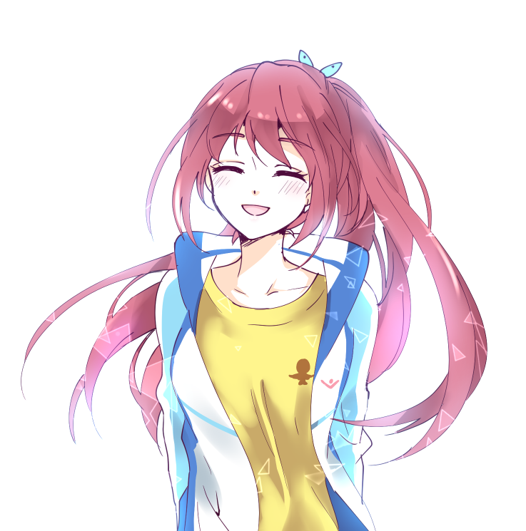 1girl :d arms_behind_back blush brown_hair butterfly_hair_ornament closed_eyes collarbone earrings female_focus floating_hair free! hair_ornament jacket jewelry long_hair long_sleeves matsuoka_gou momoko_(momoko14) open_clothes open_jacket open_mouth ponytail shirt simple_background sketch smile solo upper_body very_long_hair white_background yellow_shirt