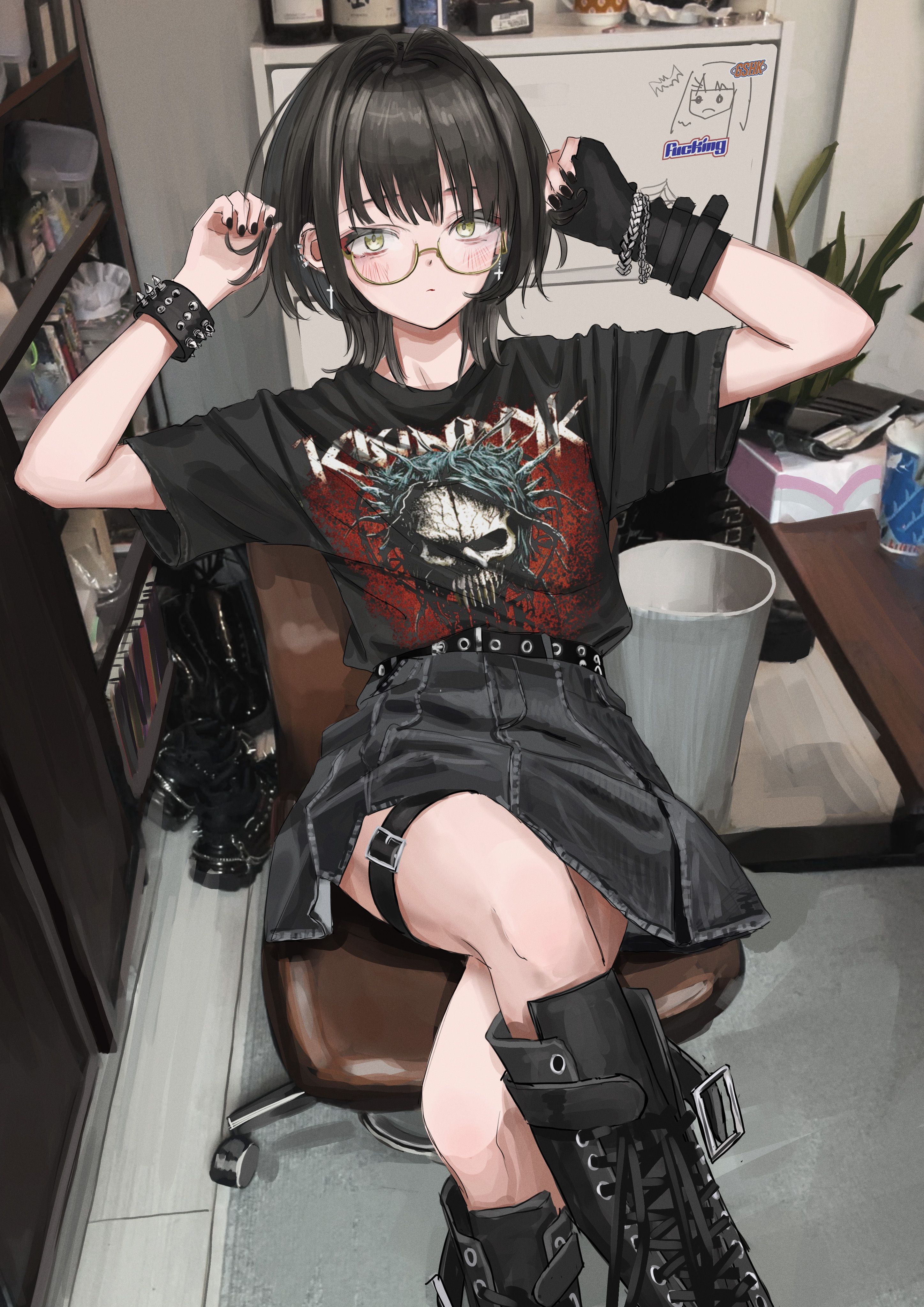 1girl absurdres arms_up belt_buckle black_boots black_gloves black_hair black_skirt bookshelf boots bracelet buckle cabinet chair crossed_legs cup desk disposable_cup expressionless fingerless_gloves gishiki_(gshk) gloves goth_fashion hands_up heavy_metal highres indoors jewelry lace-up_boots looking_at_viewer medium_hair office_chair original playing_with_own_hair rug semi-rimless_eyewear shirt short_sleeves single_glove sitting skirt skull solo sticker studded_bracelet swivel_chair thigh_strap trash_can under-rim_eyewear white_shirt yellow-framed_eyewear
