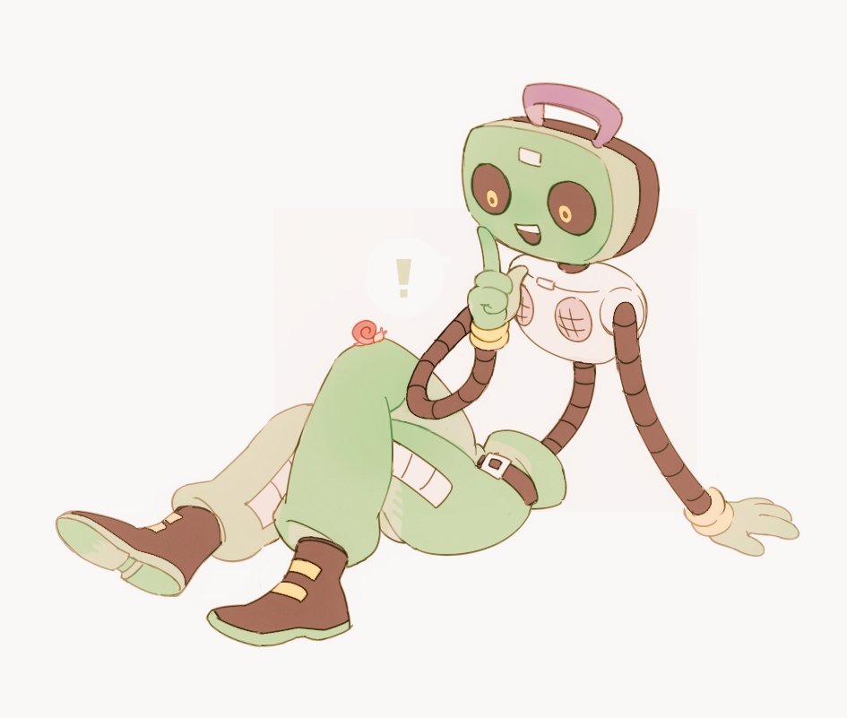 ! 1boy :d ankle_boots arm_support belt black_belt black_boots boots cd_player colored_shoe_soles commentary_request crossed_knees crossed_legs deltarune fewer_digits finger_to_cheek full_body gloves green_gloves green_pants grey_background humanoid_robot index_finger_raised k_k_(deltarune) looking_at_animal male_focus mechanical_arms ningzzz open_mouth pants puffy_pants robot simple_background sitting smile snail solo teeth upper_teeth_only yellow_eyes