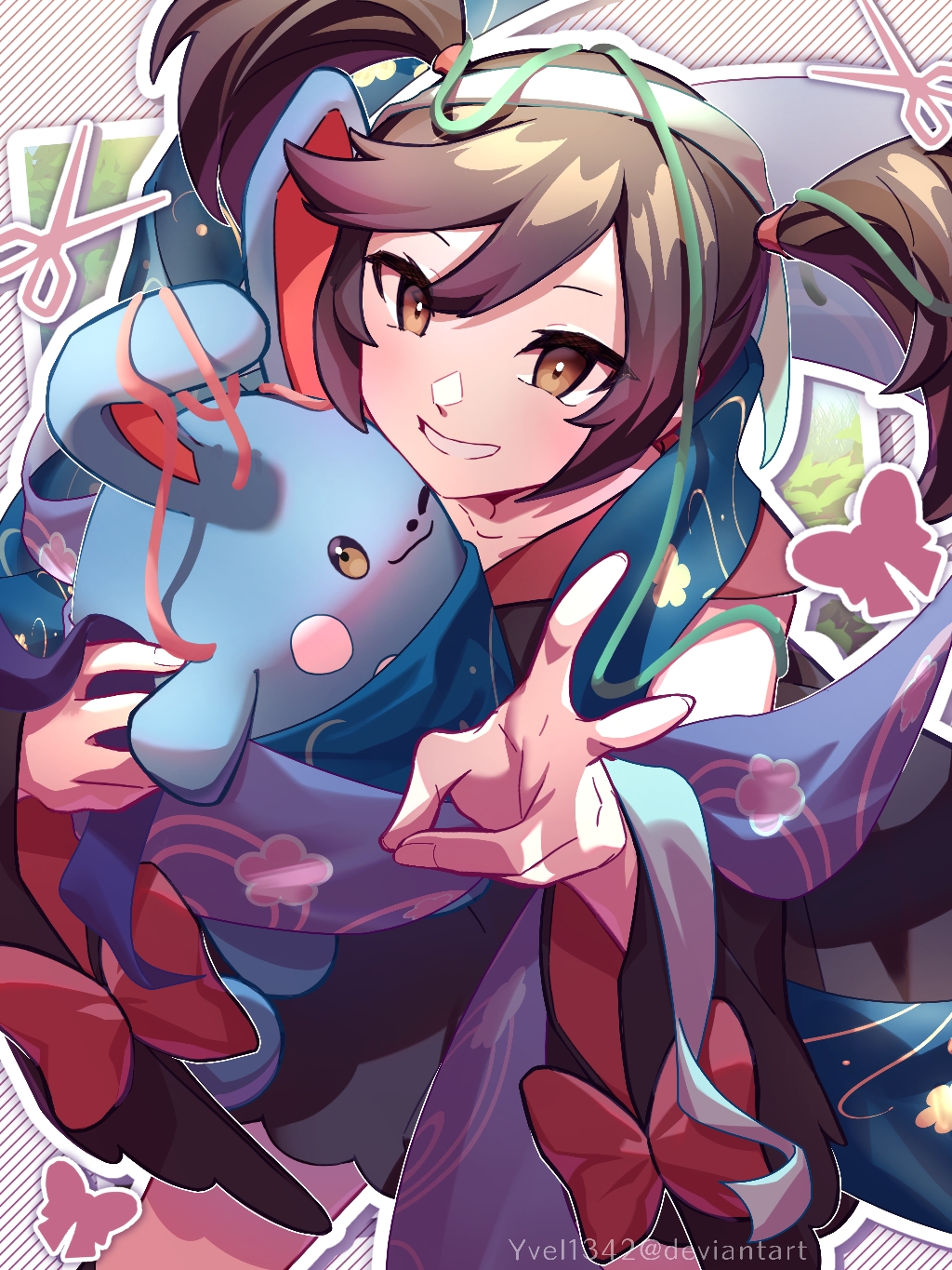 1girl azumarill brown_eyes commentary floral_print furisode_girl_(pokemon) furisode_girl_kali gen_2_pokemon green_ribbon grin happy highres holding holding_pokemon nintendo pink_ribbon pokemon pokemon_(creature) pokemon_xy ribbon smile teeth twintails v watermark yvel_(vszw2427)