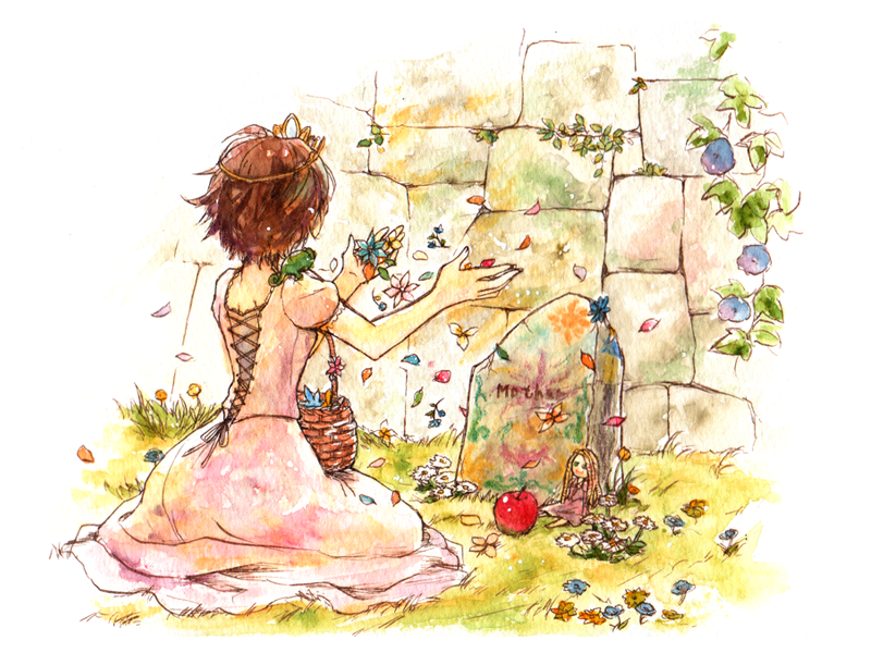 1girl animal animal_on_shoulder apple basket blue_flower brown_hair chameleon character_name commentary_request disney drawing dress facing_away female_focus flower flower_basket flower_request food fruit full_body grass itsuki_(sakana-crusade) leaf messy_hair orange_flower outdoors outstretched_arms painting_(medium) pascal_(tangled) petals pink_flower puffy_short_sleeves puffy_sleeves purple_dress rapunzel_(disney) red_flower short_hair short_sleeves shoulder_blades sitting solo spoilers stone_wall tangled tiara tombstone traditional_media very_short_hair wall watercolor_(medium) white_flower yellow_flower