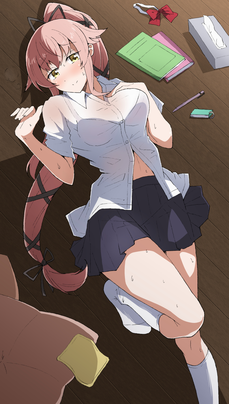 1girl alternate_costume blue_skirt blush book bra_visible_through_clothes bralines breasts closed_mouth hair_flaps hair_ribbon highres kantai_collection kneehighs long_hair looking_at_viewer lying medium_breasts nel-c on_back on_floor pencil pink_hair pleated_skirt ponytail ribbon shirt sidelocks skirt socks solo sweat tissue_box very_long_hair white_socks yellow_eyes yura_(kancolle)